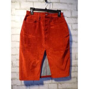 Re/Done Midi Denim Velvet Skirt Distressed Red Flocked Size 25 NEW